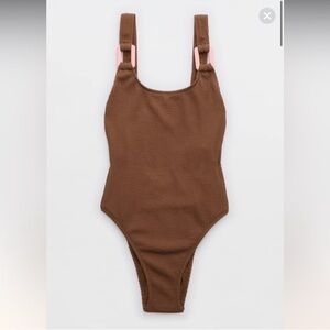 Aerie Birthday Crinkle Scoopneck One Piece Dark Brown with Pink Accents NWT